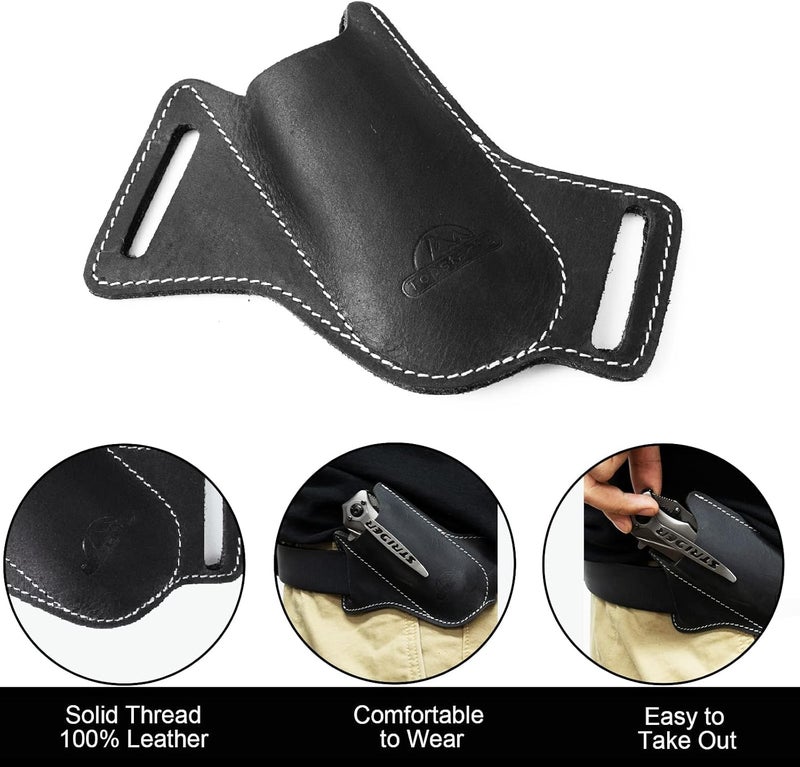 topstache Handmade Leather Pocket Knife Sheath for Belt,EDC Belt Folding Knife Sheath for Man,Cross Draw Left Side Carry Open Top Knife Sheath for 5 inch Folding Knife,Black - Image 3